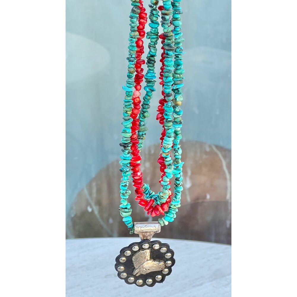 Turquoise & Vintage Coral Beaded Necklace Trigg Leather Horse Equestrian pendant - Picture 2 of 12